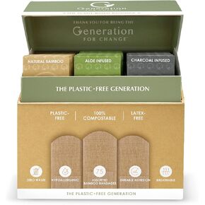 The Plant-Based Bandage by Generation For Change | 75 Biodegradable Bandages | Variety Pack - Aloe, Charcoal and Natural Bamboo | Plastic and Toxin Free | Stronger Adhesion | Sensitive Skin Friendly in Saudi Arabia