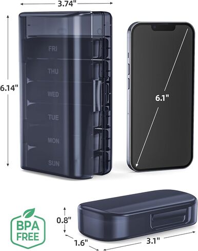 PULIV Pill Organizer with Large Capacity, Dual Protection Pill Box 7 Day, Arthritis Friendly Pill Case Easy to Open, Weekly Medicine Organizer for Vitamins, Medications, Fish Oils (Navy Blue) in Kuwait