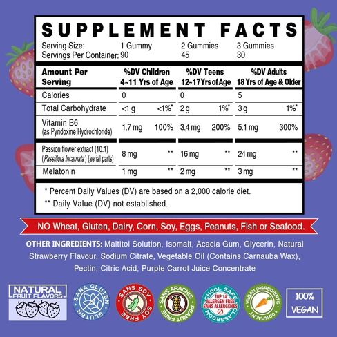 VEGEPOWER Melatonin Gummies 1mg for Kids (Sugar-Free) - Sleep Gummies with Vitamin B6 and Passionflower for Fall Asleep Faster, Vegan, Non-GMO, Strawberry Flavored 90 Count in Kuwait