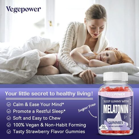 VEGEPOWER Melatonin Gummies 1mg for Kids (Sugar-Free) - Sleep Gummies with Vitamin B6 and Passionflower for Fall Asleep Faster, Vegan, Non-GMO, Strawberry Flavored 90 Count in Kuwait