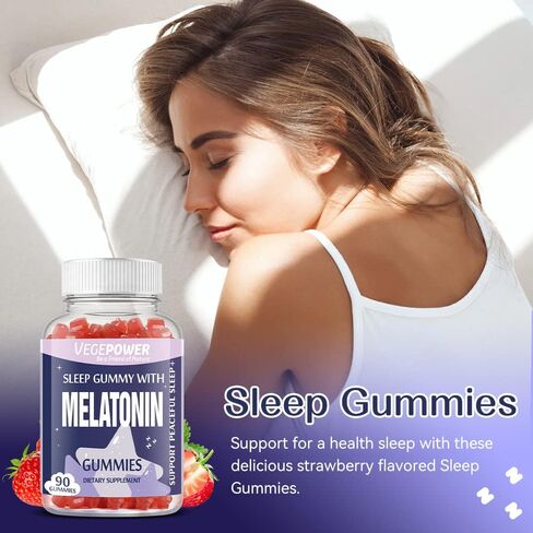 VEGEPOWER Melatonin Gummies 1mg for Kids (Sugar-Free) - Sleep Gummies with Vitamin B6 and Passionflower for Fall Asleep Faster, Vegan, Non-GMO, Strawberry Flavored 90 Count in Kuwait