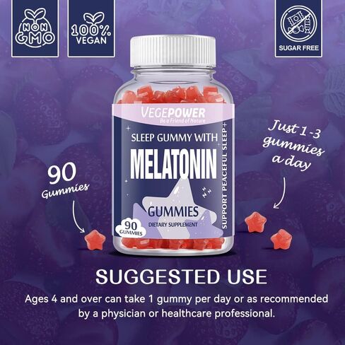 VEGEPOWER Melatonin Gummies 1mg for Kids (Sugar-Free) - Sleep Gummies with Vitamin B6 and Passionflower for Fall Asleep Faster, Vegan, Non-GMO, Strawberry Flavored 90 Count in Kuwait