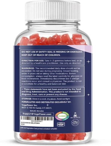 VEGEPOWER Melatonin Gummies 1mg for Kids (Sugar-Free) - Sleep Gummies with Vitamin B6 and Passionflower for Fall Asleep Faster, Vegan, Non-GMO, Strawberry Flavored 90 Count in Kuwait