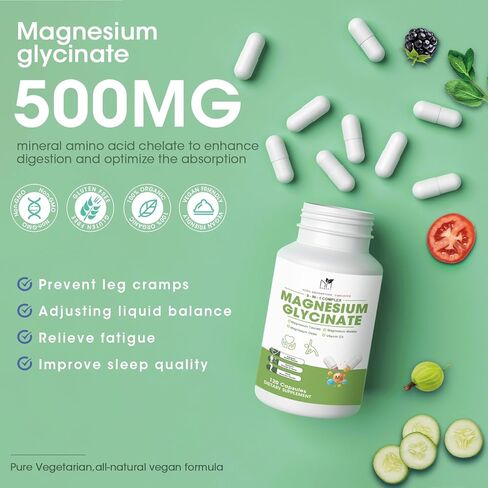 Magnesium Glycinate Supplement 500mg, Triple Magnesium Complex Capsules, High Absorption Chelated Magnesium Supplements for Calm Mood, Improved Sleep, Stress Relief, Support Heart & Nerve Health in Kuwait