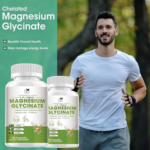 Magnesium Glycinate Supplement 500mg, Triple Magnesium Complex Capsules, High Absorption Chelated Magnesium Supplements for Calm Mood, Improved Sleep, Stress Relief, Support Heart & Nerve Health in Kuwait