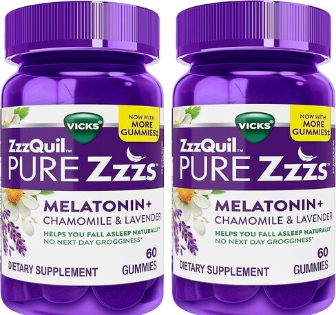 ZzzQuil Pure Zzzs Melatonin Sleep Supplement Gummies، يساعدك على النوم بشكل طبيعي، نكهة الفانيليا البرية، بابونج لافندر وجذور فاليريان، 1 ملغ لكل علكة، 60 قطعة (عبوة من 2) in Kuwait