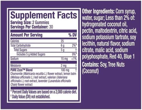 ZzzQuil Pure Zzzs Melatonin Sleep Supplement Gummies، يساعدك على النوم بشكل طبيعي، نكهة الفانيليا البرية، بابونج لافندر وجذور فاليريان، 1 ملغ لكل علكة، 60 قطعة (عبوة من 2) in Kuwait