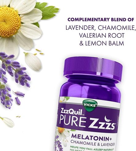 ZzzQuil Pure Zzzs Melatonin Sleep Supplement Gummies، يساعدك على النوم بشكل طبيعي، نكهة الفانيليا البرية، بابونج لافندر وجذور فاليريان، 1 ملغ لكل علكة، 60 قطعة (عبوة من 2) in Kuwait