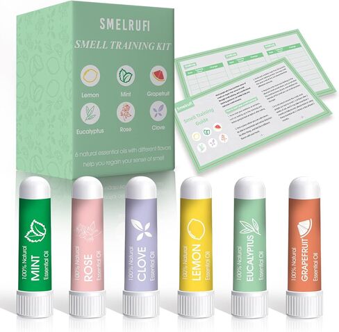 مجموعة التدريب على الرائحة من هيونوودو، 6 زيوت عطرية - الليمون والنعناع والورد والجريب فروت والقرنفل والأوكالبتوس وأجهزة الاستنشاق الأنفية تساعد على استعادة حاسة الشم، ومجموعة تدريب حاسة الشم مع دليل تدريب على الرائحة in Kuwait