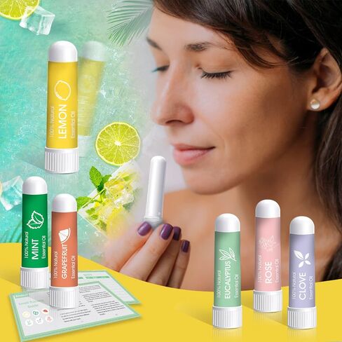 مجموعة التدريب على الرائحة من هيونوودو، 6 زيوت عطرية - الليمون والنعناع والورد والجريب فروت والقرنفل والأوكالبتوس وأجهزة الاستنشاق الأنفية تساعد على استعادة حاسة الشم، ومجموعة تدريب حاسة الشم مع دليل تدريب على الرائحة in Kuwait