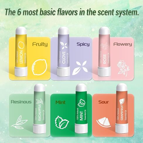 مجموعة التدريب على الرائحة من هيونوودو، 6 زيوت عطرية - الليمون والنعناع والورد والجريب فروت والقرنفل والأوكالبتوس وأجهزة الاستنشاق الأنفية تساعد على استعادة حاسة الشم، ومجموعة تدريب حاسة الشم مع دليل تدريب على الرائحة in Kuwait