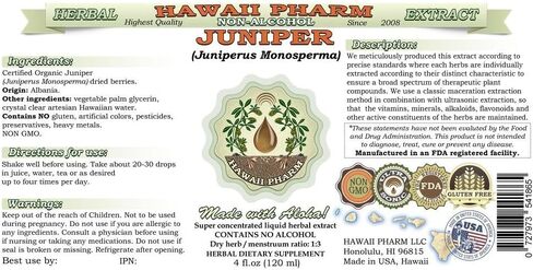 Juniper Alcohol-Free Liquid Extract, Organic Juniper (Juniperus Monosperma) Dried Berry Glycerite Hawaii Pharm Natural Herbal Supplement 2 oz in Kuwait