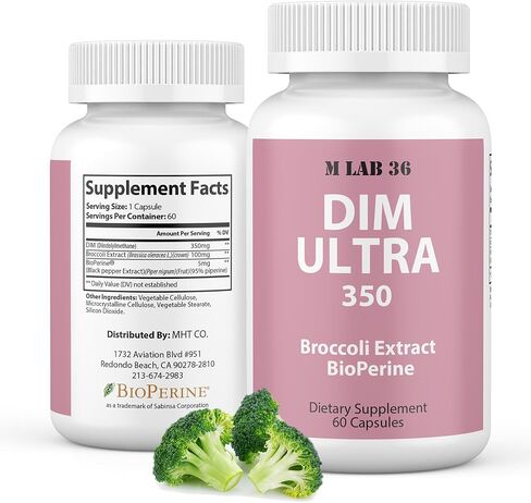 MLAB36 DIM Ultra 350 mg with Broccoli Extract & Bioperine - DIM Supplement for Men and Women for Estrogen Metabolism Support & Hormone Balance - Non-GMO & Gluten Free 60 Vegan Capsules - Made in USA in Saudi Arabia