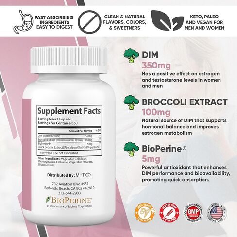 MLAB36 DIM Ultra 350 mg with Broccoli Extract & Bioperine - DIM Supplement for Men and Women for Estrogen Metabolism Support & Hormone Balance - Non-GMO & Gluten Free 60 Vegan Capsules - Made in USA in Saudi Arabia