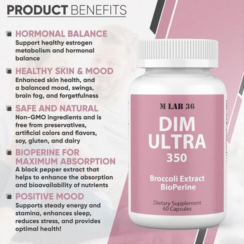 MLAB36 DIM Ultra 350 mg with Broccoli Extract & Bioperine - DIM Supplement for Men and Women for Estrogen Metabolism Support & Hormone Balance - Non-GMO & Gluten Free 60 Vegan Capsules - Made in USA in Saudi Arabia