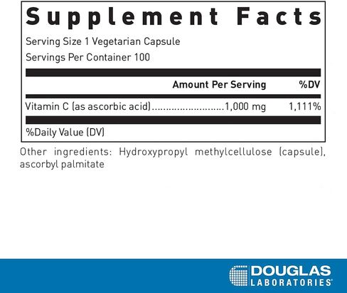 مختبرات دوجلاس C-1000 | فيتامين C نقي 100% لدعم البشرة والأوعية الدموية والأوتار وغضاريف المفاصل والعظام | 100 كبسولة in Kuwait