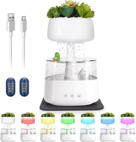 Aromatherapy Diffuser Humidifier, Rain Drop Humidifier Artificial Plants Night Light Essential Oil Diffuser,7 Color Cloud Humidifier with Filter Replacementr&Frog Ornaments&Mat for Home Bedroom Aroma in Kuwait
