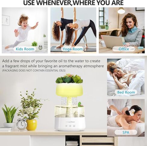 Aromatherapy Diffuser Humidifier, Rain Drop Humidifier Artificial Plants Night Light Essential Oil Diffuser,7 Color Cloud Humidifier with Filter Replacementr&Frog Ornaments&Mat for Home Bedroom Aroma in Kuwait