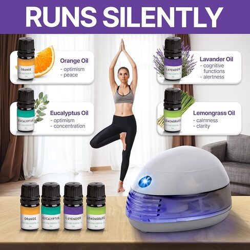 ناشر زيت صغير محمول - ناشر صغير للزيوت العطرية مع 4 عطور - برتقال، لافندر، أوكالبتوس، عشبة الليمون - ناشر روائح الزيوت العطرية المحمول أو USB المحمول يعمل بالبطارية in Kuwait