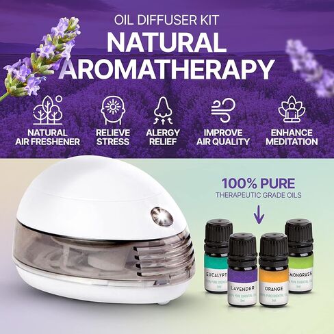 ناشر زيت صغير محمول - ناشر صغير للزيوت العطرية مع 4 عطور - برتقال، لافندر، أوكالبتوس، عشبة الليمون - ناشر روائح الزيوت العطرية المحمول أو USB المحمول يعمل بالبطارية in Kuwait