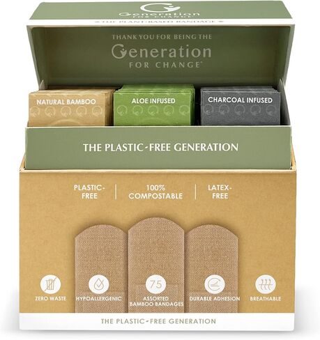 The Plant-Based Bandage by Generation For Change | 75 Biodegradable Bandages | Variety Pack - Aloe, Charcoal and Natural Bamboo | Plastic and Toxin Free | Stronger Adhesion | Sensitive Skin Friendly in Saudi Arabia