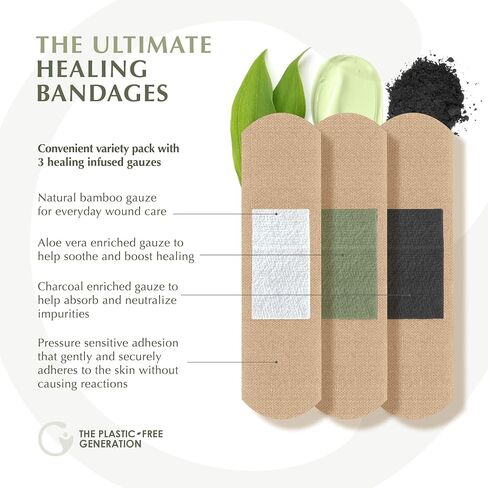 The Plant-Based Bandage by Generation For Change | 75 Biodegradable Bandages | Variety Pack - Aloe, Charcoal and Natural Bamboo | Plastic and Toxin Free | Stronger Adhesion | Sensitive Skin Friendly in Saudi Arabia