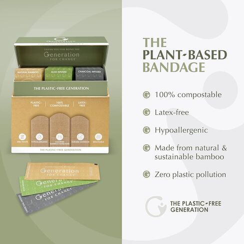 The Plant-Based Bandage by Generation For Change | 75 Biodegradable Bandages | Variety Pack - Aloe, Charcoal and Natural Bamboo | Plastic and Toxin Free | Stronger Adhesion | Sensitive Skin Friendly in Saudi Arabia