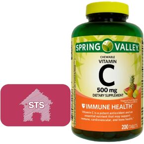 سبرينغ فالي فيتامين سي بنكهات الفاكهة الاستوائية 500 مجم، 200 قرص - أقراص قابلة للمضغ + ملصق STS. in Kuwait
