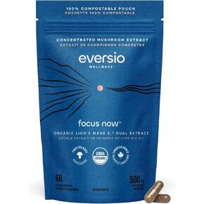 Eversio Wellness Focus Now Organic Lions Mane Mushroom Supplement - 8:1 Lions Mane Dual Extract in 60 Vegan Capsules (500mg) - Brain Booster Supplement >52% Verified Beta-D-Glucans! in Kuwait