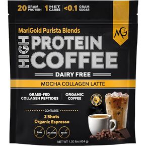 MariGold High Protein Collagen Coffee - Mocha Collagen Latte, Dairy Free, 20g Grass-Fed Type I & III Collagen Peptides, Energy Boost, 2 Shots Organic Espresso, Non-GMO, 1 Lb Bag, 15 Servings