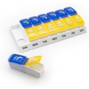 Ezy Dose Weekly (7-Day) AM/PM Pill Organizer, Vitamin and Medicine Box, Large Pop-Out Compartments, Designed for Travel, 2 Times a Day, Blue and Yellow Lids