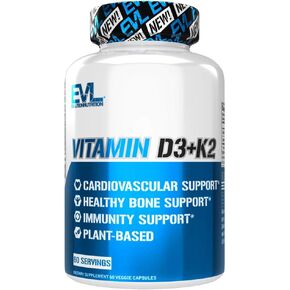 Evlution Nutrition فيتامين D3 + K2 لدعم الجهاز المناعي، دعم صحة العظام والدماغ والقلب، غير معدل وراثيًا وخالي من الغلوتين، فعالية عالية، تحسين امتصاص الكالسيوم، 60 حصة in Kuwait