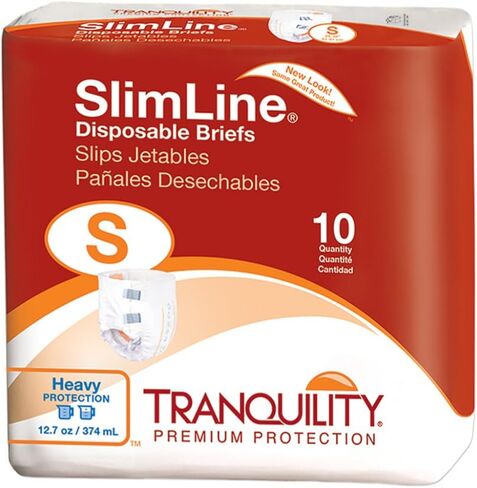 Tranquility Slimline Original Adult Disposable Brief, Adult Small, Incontinence Care with a Slimmer Fit, Peach Mat Core & Kufguard Technology for Max Comfort, Latex-Free, 12.7oz Capacity, 10ct Bag in Kuwait