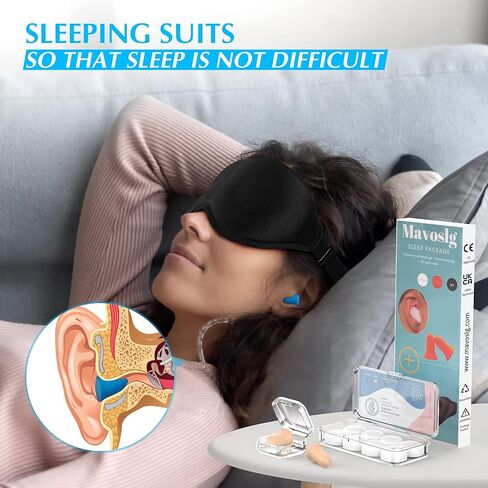 Mavoslg Silicone Earplugs - Ultra Soft Foam Earplugs - Sleep Eye Mask for Men Women, Upgraded 3D Hollowed Design, Value Pack–for Sleeping, Snoring, Travel, Airplanes, Shift Work，32dB Highest NRR in Kuwait