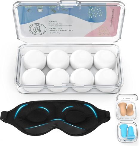 Mavoslg Silicone Earplugs - Ultra Soft Foam Earplugs - Sleep Eye Mask for Men Women, Upgraded 3D Hollowed Design, Value Pack–for Sleeping, Snoring, Travel, Airplanes, Shift Work，32dB Highest NRR in Kuwait