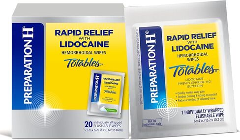بريبريشن اتش مناديل مبللة للبواسير بالليدوكائين لتخفيف التورم والالم والحرق والحكة من رابيد ريليف - 20 قطعة in Kuwait