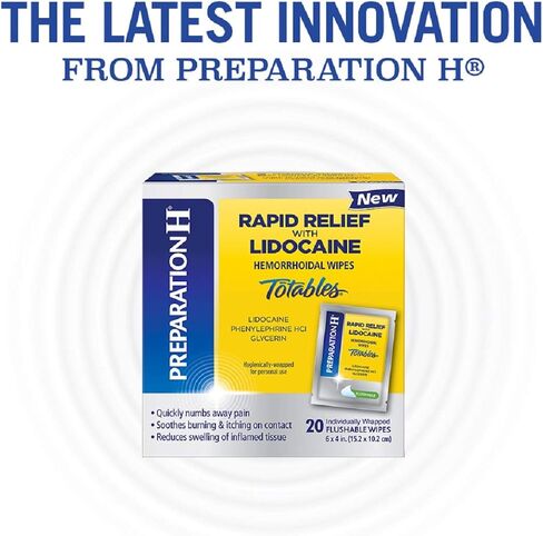 بريبريشن اتش مناديل مبللة للبواسير بالليدوكائين لتخفيف التورم والالم والحرق والحكة من رابيد ريليف - 20 قطعة in Kuwait
