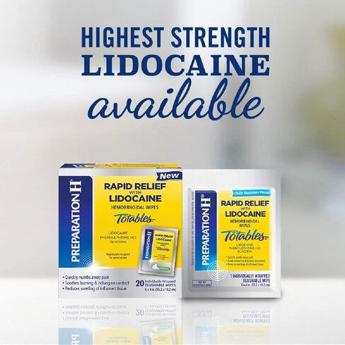 بريبريشن اتش مناديل مبللة للبواسير بالليدوكائين لتخفيف التورم والالم والحرق والحكة من رابيد ريليف - 20 قطعة in Kuwait