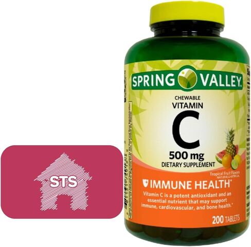 سبرينغ فالي فيتامين سي بنكهات الفاكهة الاستوائية 500 مجم، 200 قرص - أقراص قابلة للمضغ + ملصق STS. in Kuwait