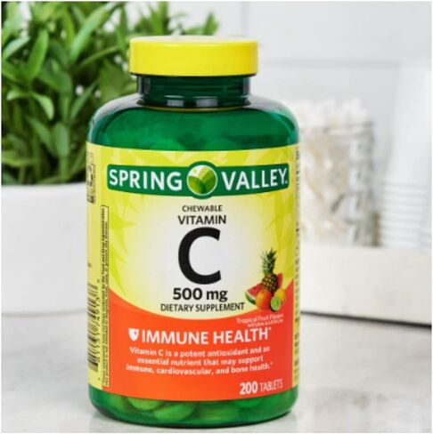سبرينغ فالي فيتامين سي بنكهات الفاكهة الاستوائية 500 مجم، 200 قرص - أقراص قابلة للمضغ + ملصق STS. in Kuwait