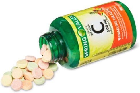 سبرينغ فالي فيتامين سي بنكهات الفاكهة الاستوائية 500 مجم، 200 قرص - أقراص قابلة للمضغ + ملصق STS. in Kuwait