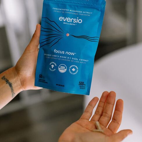 Eversio Wellness Focus Now Organic Lions Mane Mushroom Supplement - 8:1 Lions Mane Dual Extract in 60 Vegan Capsules (500mg) - Brain Booster Supplement >52% Verified Beta-D-Glucans! in Kuwait
