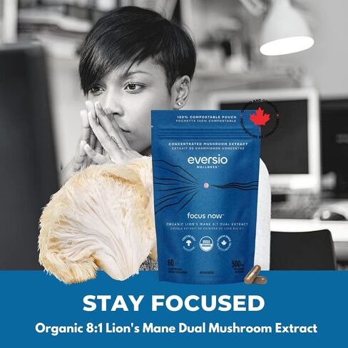Eversio Wellness Focus Now Organic Lions Mane Mushroom Supplement - 8:1 Lions Mane Dual Extract in 60 Vegan Capsules (500mg) - Brain Booster Supplement >52% Verified Beta-D-Glucans! in Kuwait