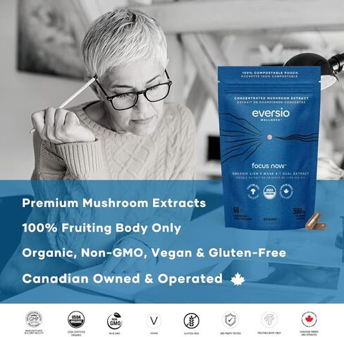 Eversio Wellness Focus Now Organic Lions Mane Mushroom Supplement - 8:1 Lions Mane Dual Extract in 60 Vegan Capsules (500mg) - Brain Booster Supplement >52% Verified Beta-D-Glucans! in Kuwait