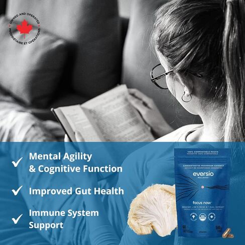 Eversio Wellness Focus Now Organic Lions Mane Mushroom Supplement - 8:1 Lions Mane Dual Extract in 60 Vegan Capsules (500mg) - Brain Booster Supplement >52% Verified Beta-D-Glucans! in Kuwait
