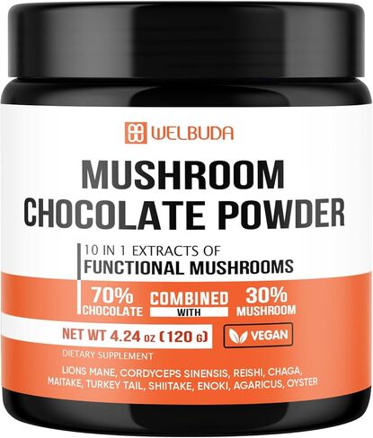 Mushroom Chocolate Powder 4.24Oz (120g) - 60 Servings - Instant Chocolate Singles with Lions Mane, Reishi, & More - 2000mg Support for Immunity Function, Concentration, Relaxed Mood & Overall Health in Kuwait