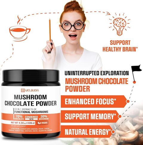 Mushroom Chocolate Powder 4.24Oz (120g) - 60 Servings - Instant Chocolate Singles with Lions Mane, Reishi, & More - 2000mg Support for Immunity Function, Concentration, Relaxed Mood & Overall Health in Kuwait