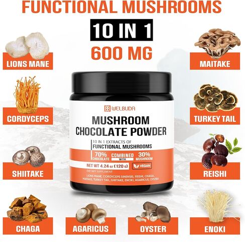 Mushroom Chocolate Powder 4.24Oz (120g) - 60 Servings - Instant Chocolate Singles with Lions Mane, Reishi, & More - 2000mg Support for Immunity Function, Concentration, Relaxed Mood & Overall Health in Kuwait