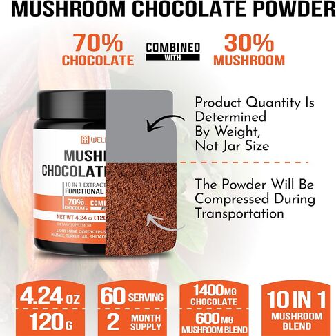 Mushroom Chocolate Powder 4.24Oz (120g) - 60 Servings - Instant Chocolate Singles with Lions Mane, Reishi, & More - 2000mg Support for Immunity Function, Concentration, Relaxed Mood & Overall Health in Kuwait