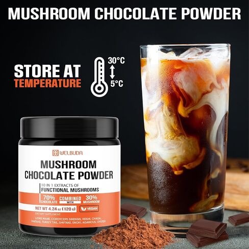 Mushroom Chocolate Powder 4.24Oz (120g) - 60 Servings - Instant Chocolate Singles with Lions Mane, Reishi, & More - 2000mg Support for Immunity Function, Concentration, Relaxed Mood & Overall Health in Kuwait
